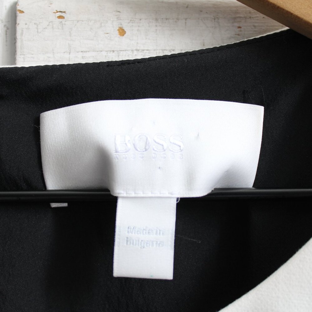 HUGO BOSS Daina White & Black Colorblock Sheath Elbow Sleeves Midi Dress Size 10 - Picture 4 of 10